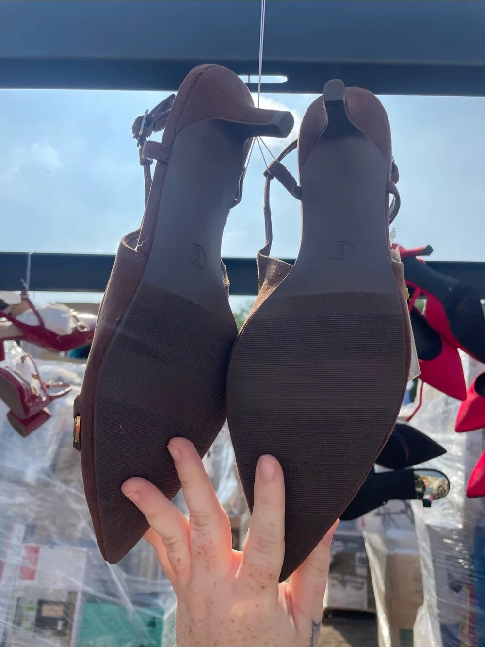 a new day Brown Pointed Slingback Heels with Gold Chain Detail
